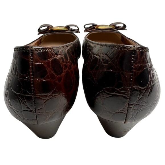 Vtg 90’s Salvatore Ferragamo Brown Calf Croc Leather Gold Bow Vara Shoes Sz 8 B - Picture 8 of 16